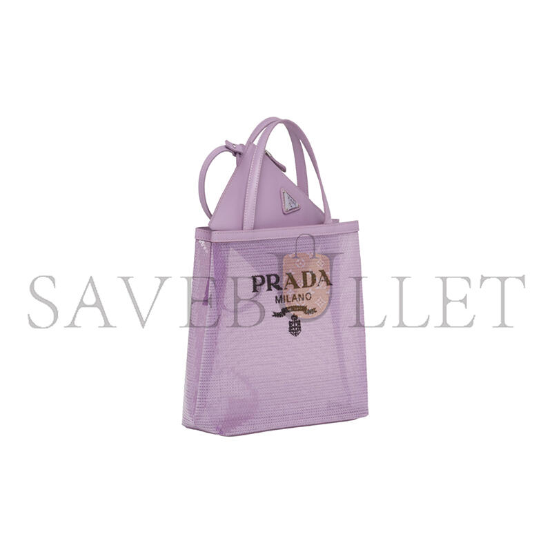 PRADA SMALL SEQUINED MESH TOTE BAG IN ALABASTER 1BG417 (22*20*8cm)